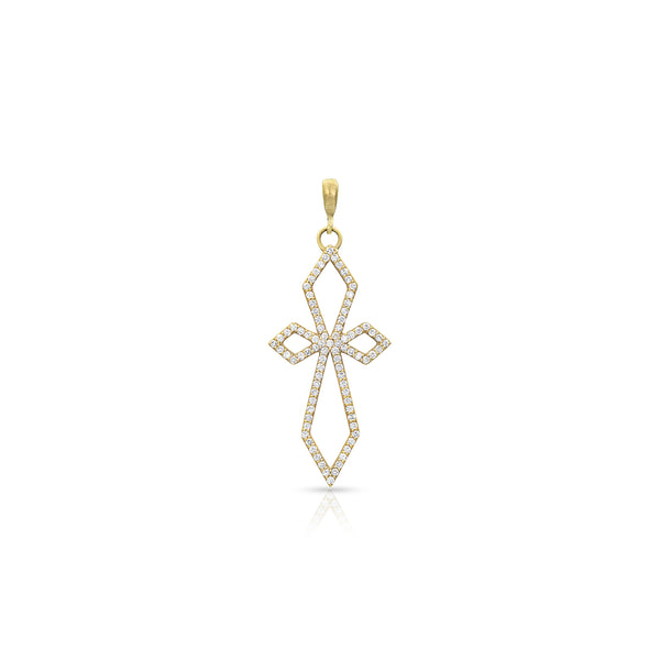 Dominique Cohen delicate deco cross enhancer, hinged bail, in white diamonds and 18k yellow gold <span class='visuallyhidden'>Call, text 323-404-2959 for shopping help.</span>